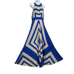 Eliza J Womens Scarf Print Crepe De Chine Maxi Dress 10 Blue Beige Neck Bow Long